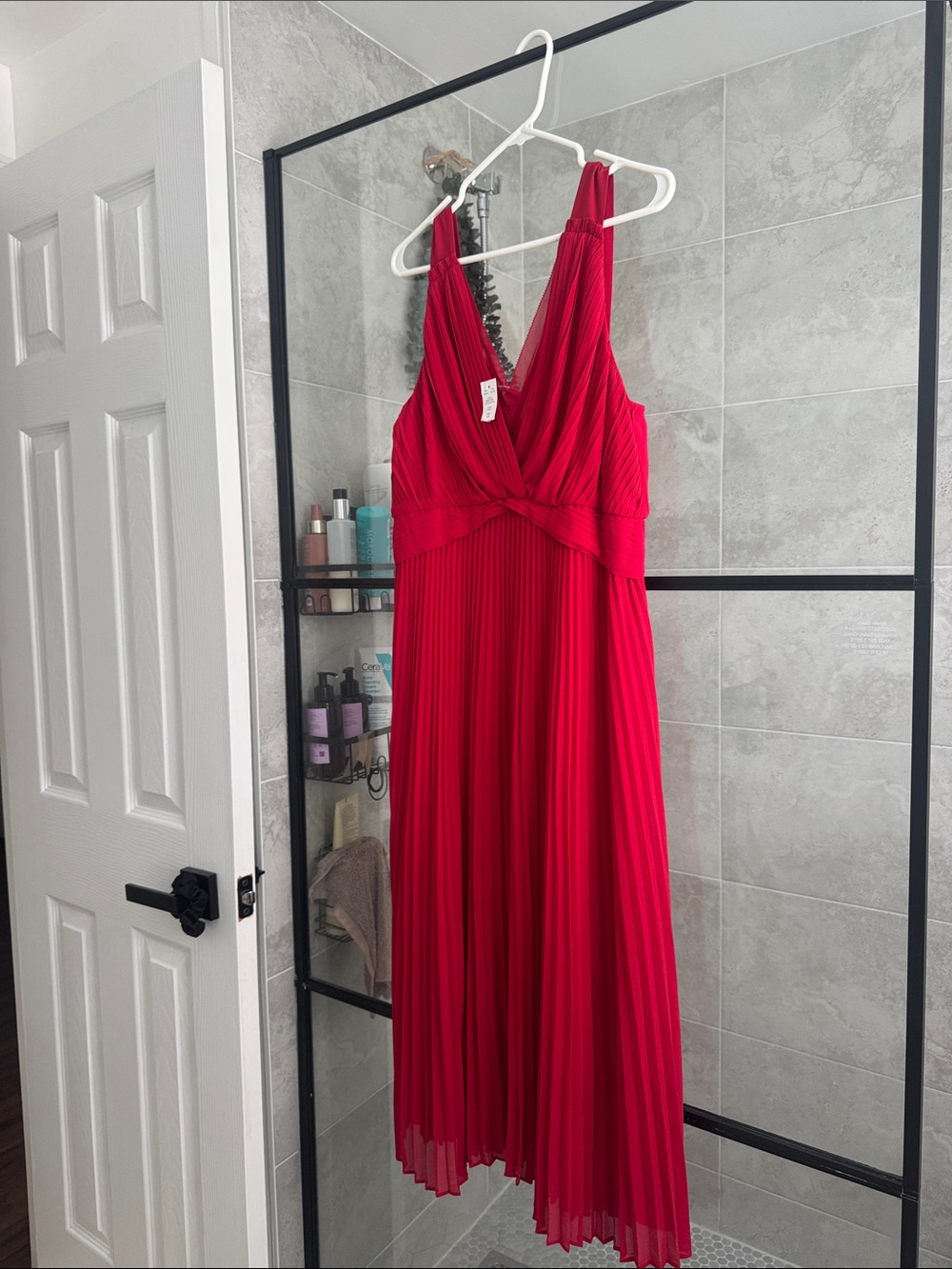 White House Black Market Red Pleated V-Neck Maxi Dress